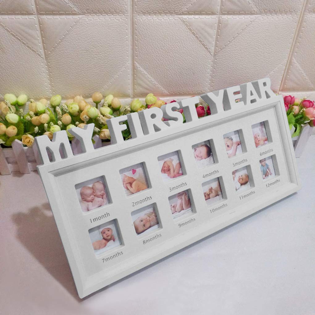 My First Year Picture Frames Baby Moments Keepsake Photo Frame Newborn Infant Collage Frame Boys Girls Shower Gift Wall hanging 12 Month Frame for Room Wall Nursery Décor Elegant White Natural Wood