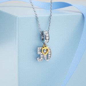 Silver 50th Birthday Charms Anniversary Golden Heart 50 Years of Love Dangle Beads for Pandora Bracelets Necklaces