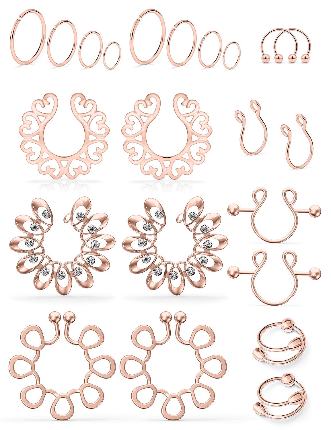 SCERRING Fake Nipple Ring Stainless Steel Non-Piercing Nipple Rings Clip On Nipplerings Faux Body Piercing Jewelry for Women Men 11 Pairs Rose Gold