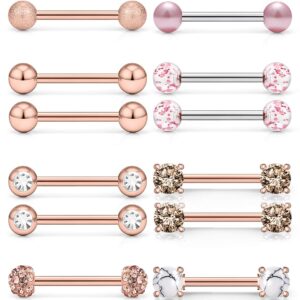 SCERRING 14G Nipple Rings Stainless Steel Nipplerings Tongue Straight Barbell Rings Body Piercing Jewelry for Women Men 9/16Inch 8 Pairs Rose Gold