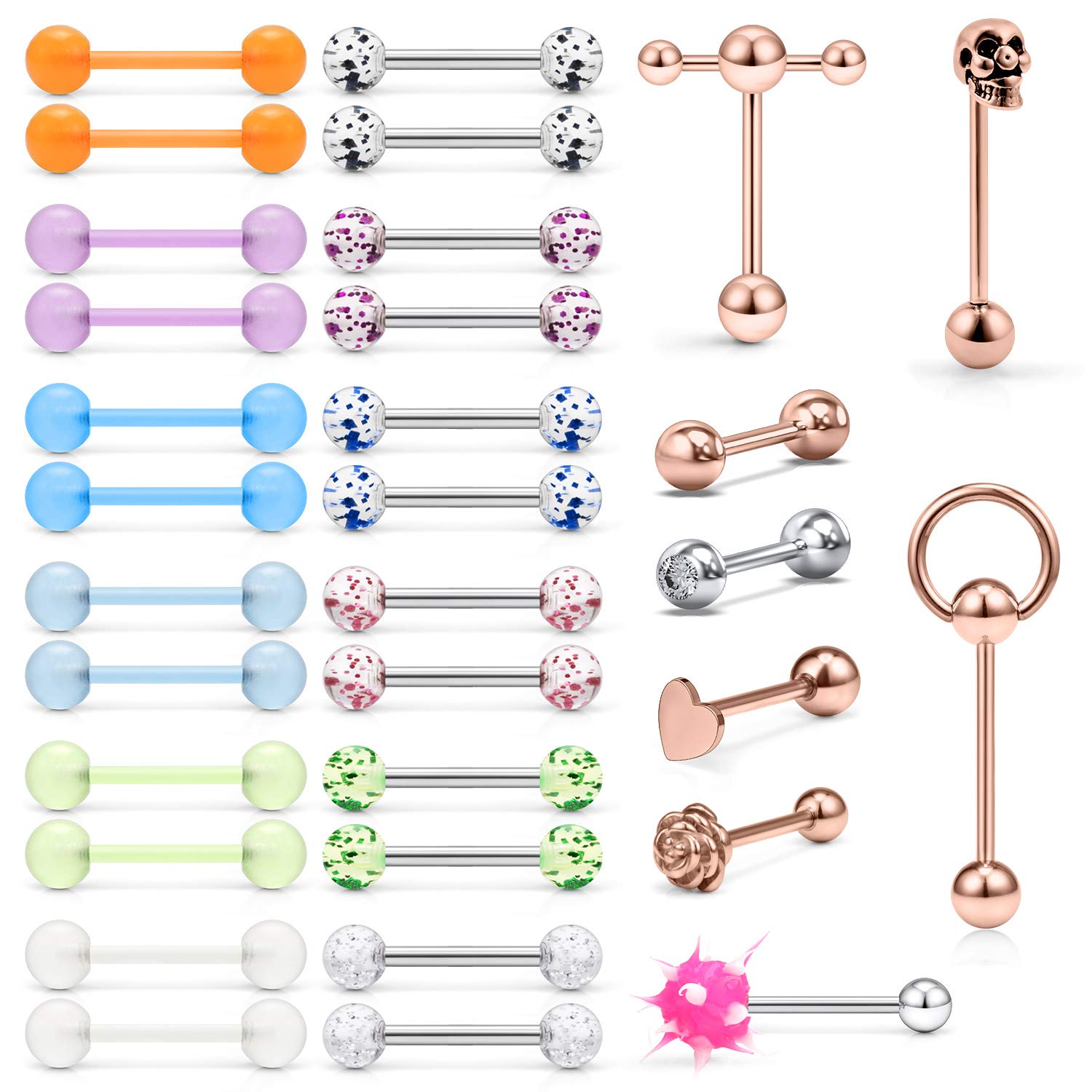 SCERRING 14G Tongue Rings Stainless Steel Rose Skull Bioflex Flexible Acrylic Tongue Nipple Ring Body Piercing Jewelry Retainer 32PCS Rose Gold