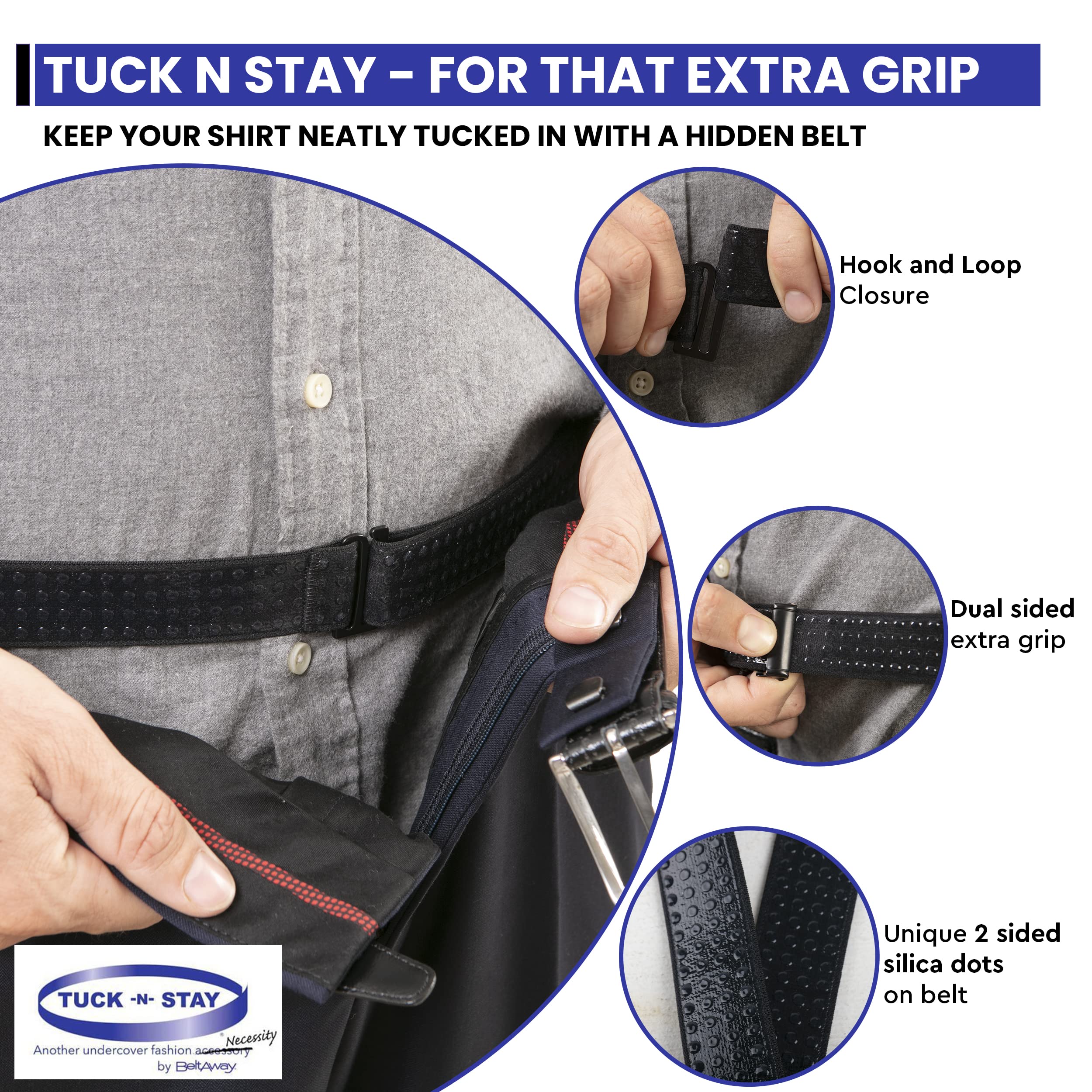 BELTAWAY Tuck N Stay Keep Shirts Tucked in Extra Gripping Shirt Stays for Men - Adjustable Stretch belt, Look Neat for Work, Dress, Casual