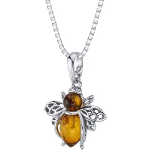 peora genuine baltic amber bee pendant necklace for women 925 sterling silver, rich cognac color, with 18 inch chain