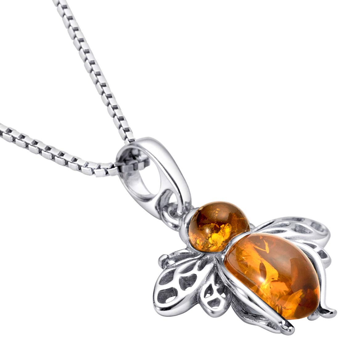 PEORA Genuine Baltic Amber Bee Pendant Necklace for Women 925 Sterling Silver, Rich Cognac Color, with 18 inch Chain