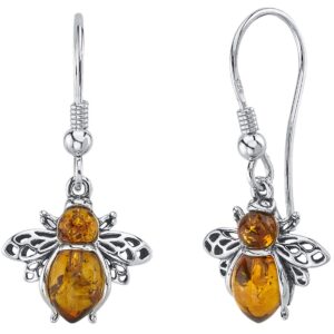 Peora Genuine Baltic Amber Bee Earrings for Women 925 Sterling Silver, Dainty Drops for Women, Rich Cognac Color, Fish Hook