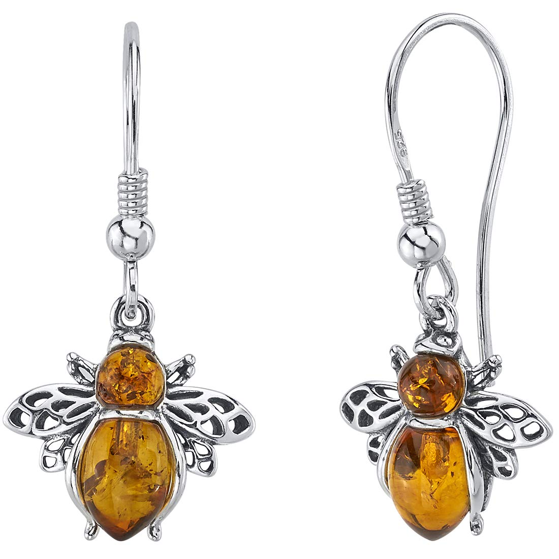 Peora Genuine Baltic Amber Bee Earrings for Women 925 Sterling Silver, Dainty Drops for Women, Rich Cognac Color, Fish Hook