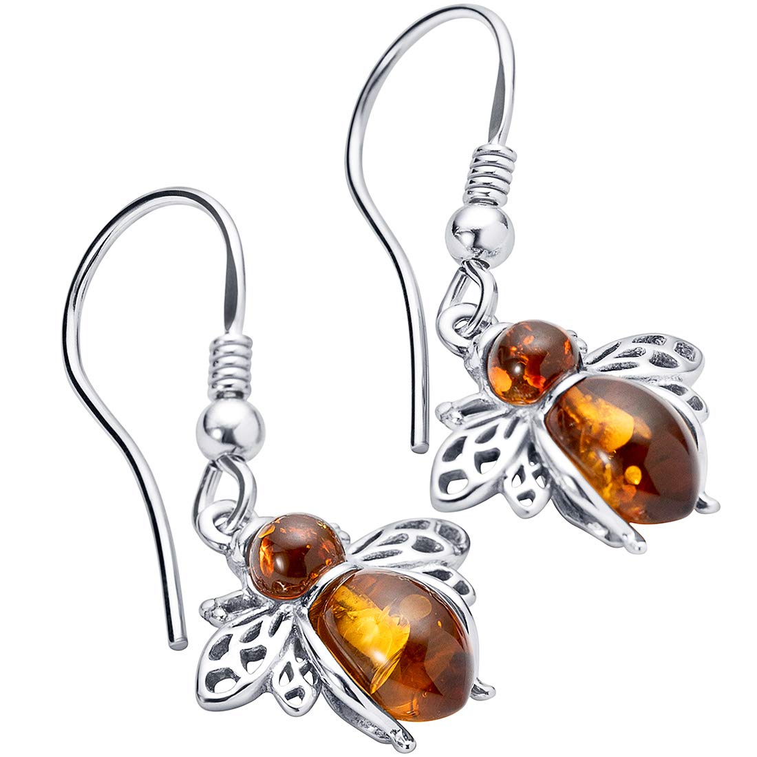 Peora Genuine Baltic Amber Bee Earrings for Women 925 Sterling Silver, Dainty Drops for Women, Rich Cognac Color, Fish Hook