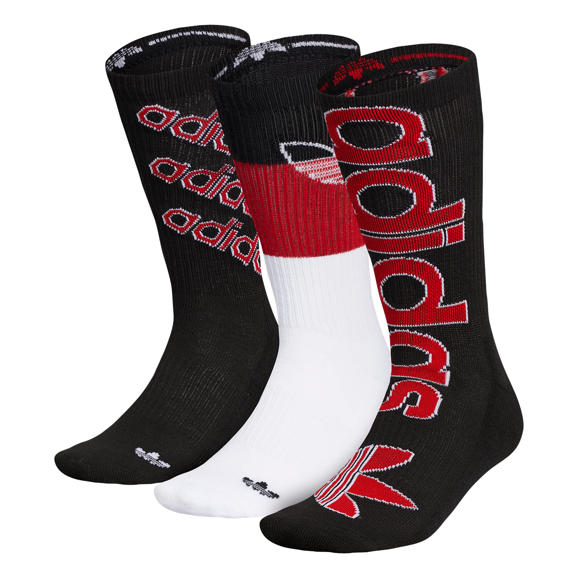 adidas Originals Mixed Graphics Cushioned Crew Socks (3-Pair), Black/Scarlet Red/White, Large