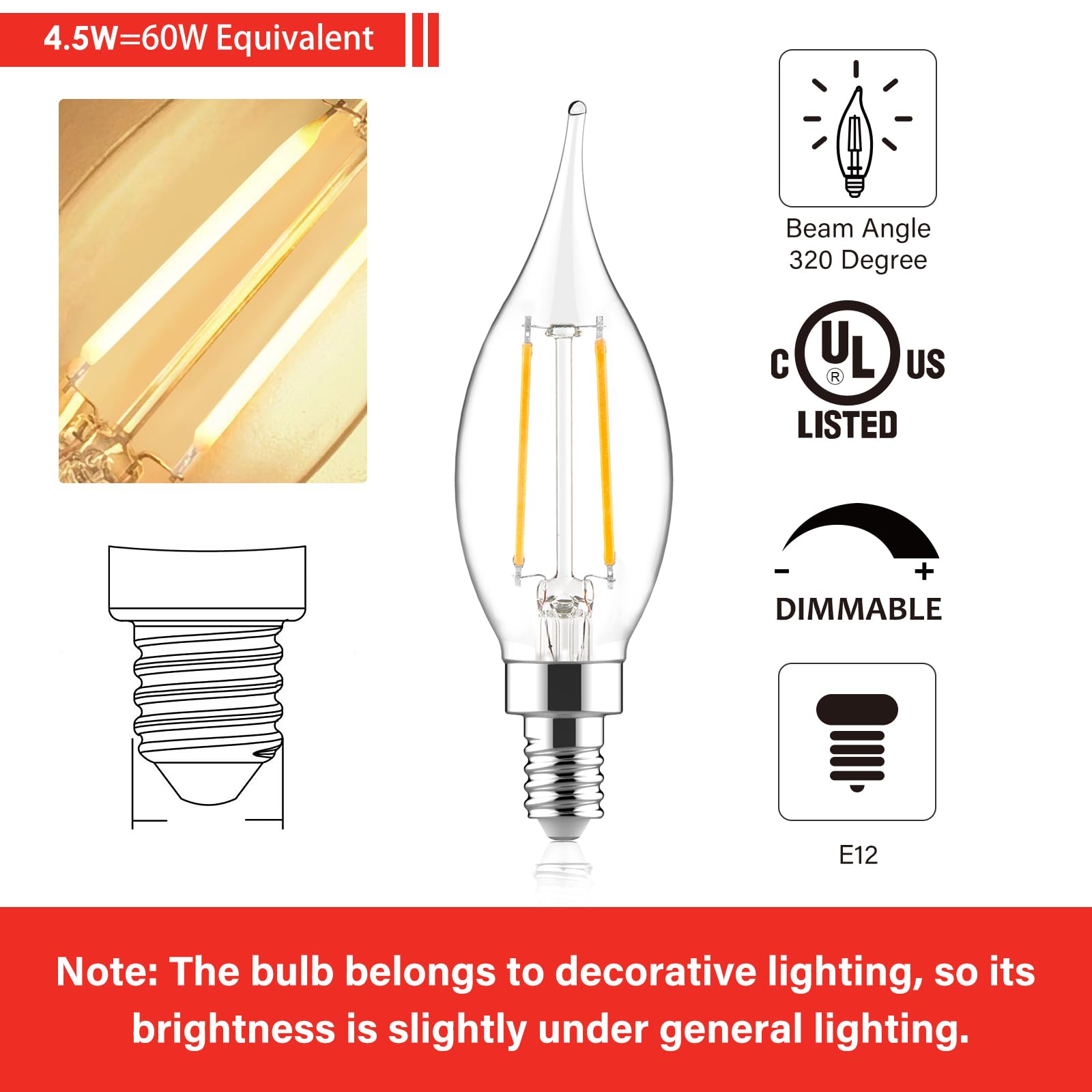 Sengled E12 LED Candelabra Bulb 60W Equivalent Dimmable LED Chandelier Light Bulbs 5W 2700K Soft White 450LM B10 Flame Tip Vintage LED Filament Candle Bulb with Decorative E12 Candelabra Base, 6 Pack