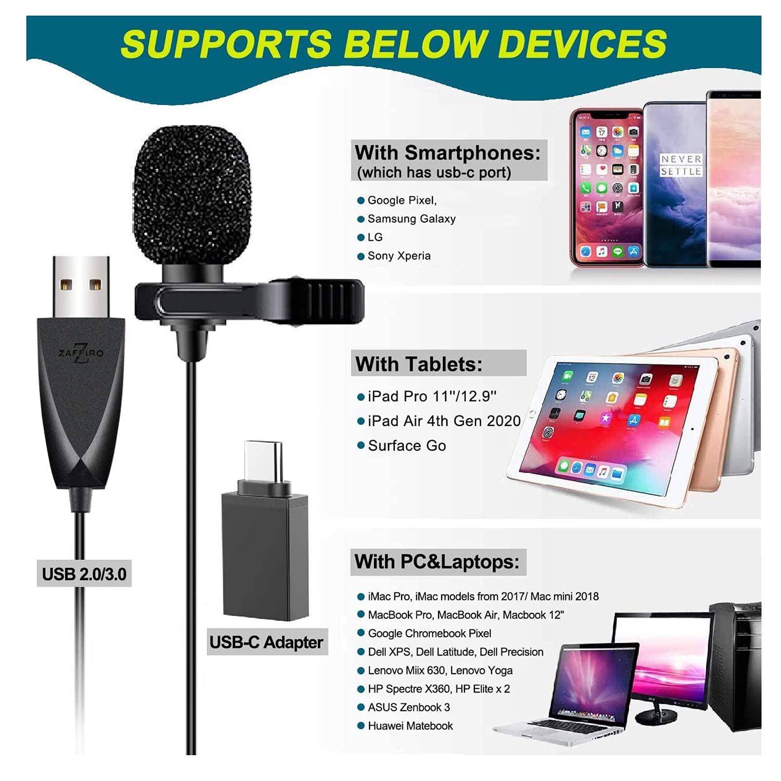 ZAFFIRO USB Lavalier Microphone, Clip-on USB Computer Microphone Plug & Play Omnidirectional Mic for PC, Laptop, Mac, PS4. Smartphone Perfect for Video Recording