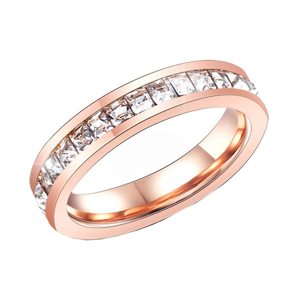 HIJONES Unisex Stainless Steel 4MM Full Eternity Tiny Square Single Row Cubic Zirconia CZ Ring Fashion Wedding Engagement Bands Rose Gold Size 8