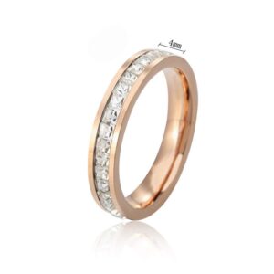 HIJONES Unisex Stainless Steel 4MM Full Eternity Tiny Square Single Row Cubic Zirconia CZ Ring Fashion Wedding Engagement Bands Rose Gold Size 8