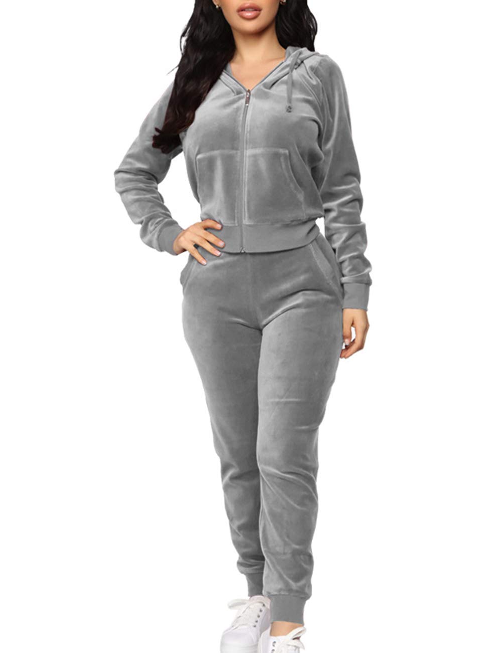 Sexyshine Women's Casual 2 Piece Velvet Jacket Tops & Sweatpants Sports Sets Tracksuits Sweatsuit Loungewear Set(7080GY,M)