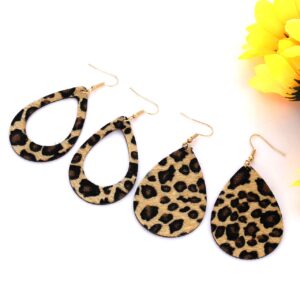 ZOLEAROPY Statement Leopard Jewelry Set For Women Multi Leopard Leather Wrap Bracelet Teardrop Leather Earrings Long Tassel Round Pendant Necklace Set