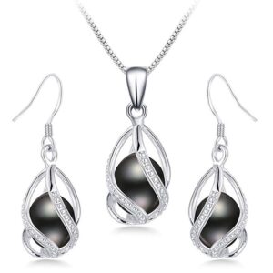 HENGSHENG 100% Natural Freshwater Pearl Jewelry Sets For Women Fashion 925 Sterling Silver Earrings&Pendant Wedding Jewelry Black