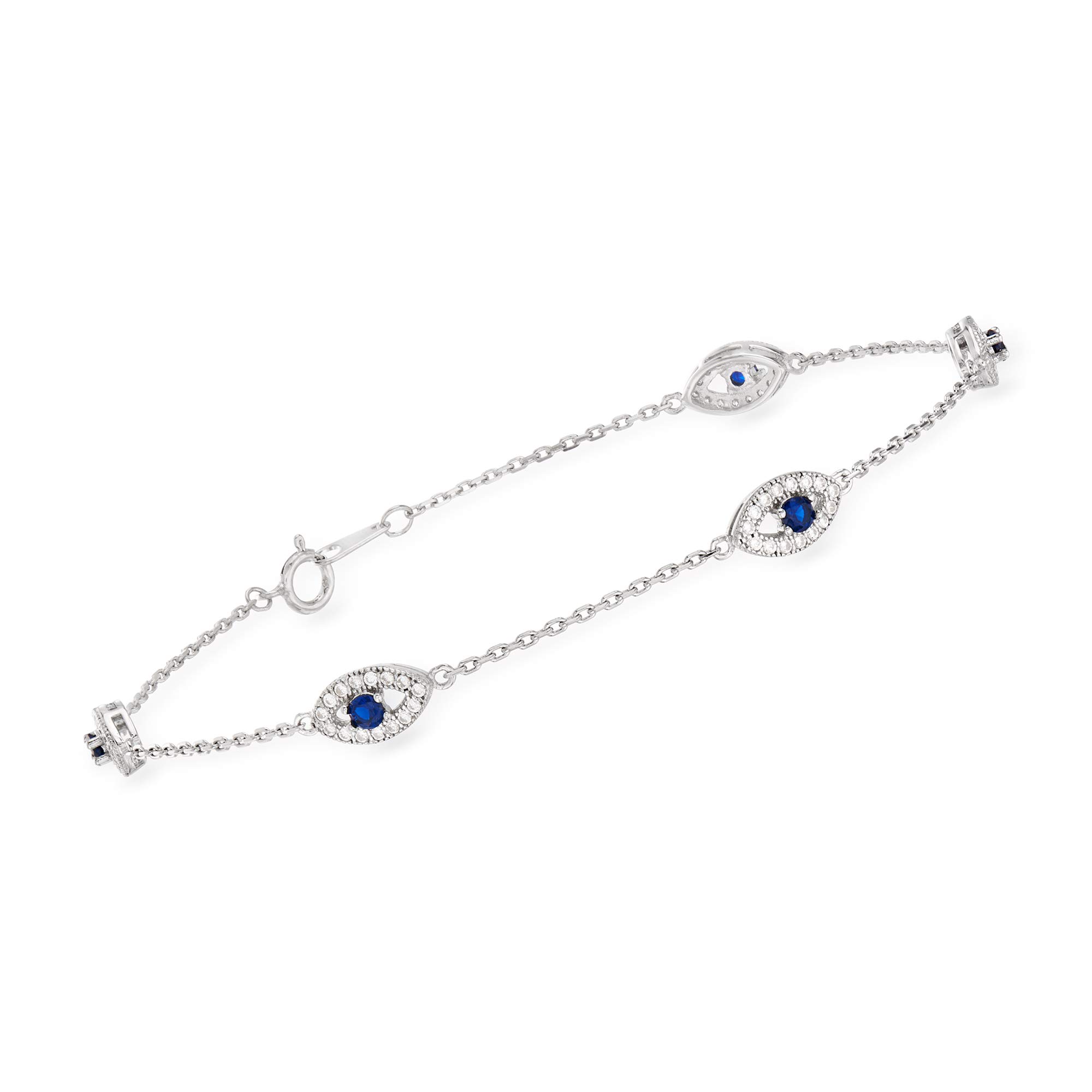 Ross-Simons 0.30 ct. t.w. CZ and .20 ct. t.w. Simulated Sapphire Evil Eye Station Bracelet in Sterling Silver. 7 inches