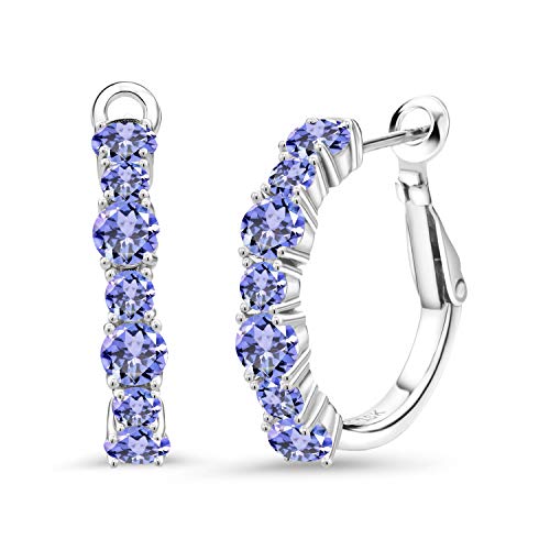 Gem Stone King 3.30 Cttw 925 Sterling Silver Blue Tanzanite Hoop Earrings For Women | Gemstone December Birthstone | Round 4MM and 3MM