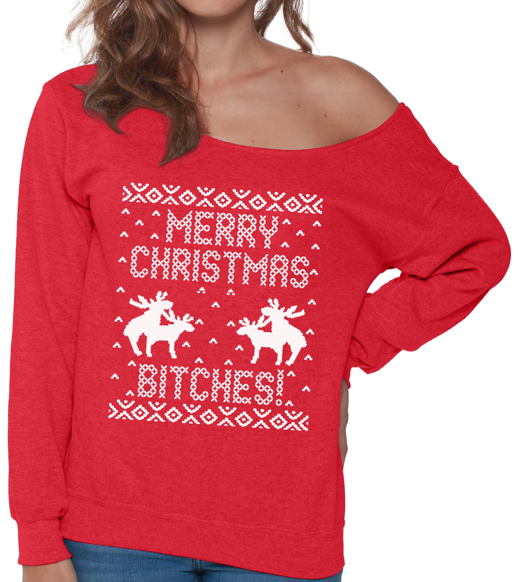 Funny Ugly Christmas Sweatshirt Off Shoulder Xmas Top Merry Christmas Bitches White Pattern Sweater Holiday Outfit Red M