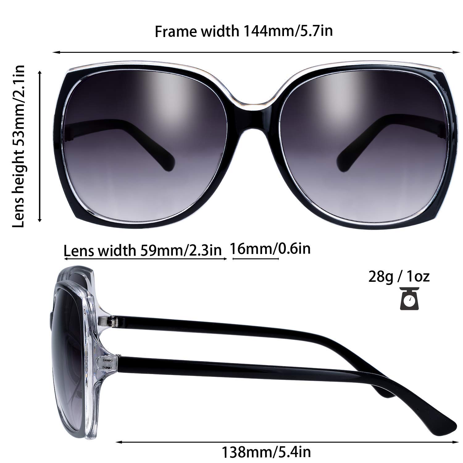 The Fresh Women's Oversized Square Jackie O Cat Eye Hybrid Butterfly Fashion Sunglasses - Exquisite Packaging (727701-Crystal Black, Gradient Grey)