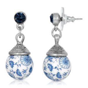 1928 Jewelry Blue Willow Round Beaded Post Drop Earring