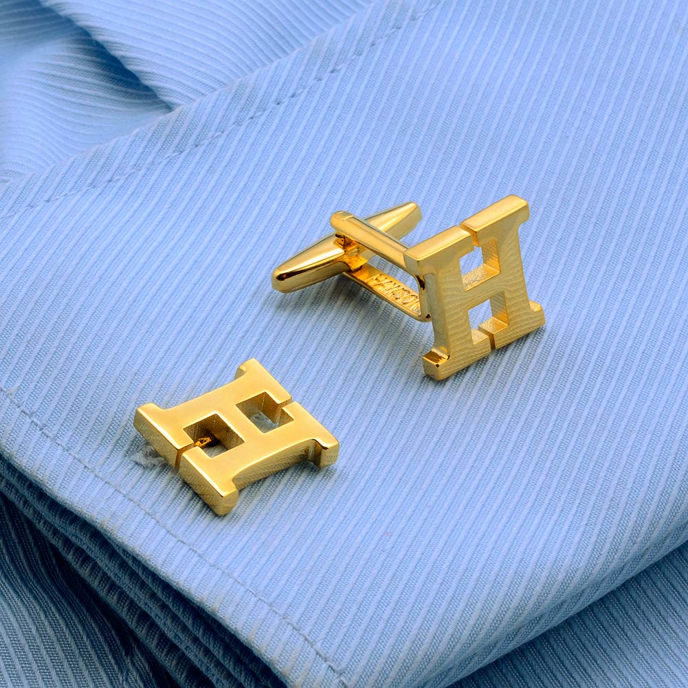 A-Z Cufflink for Men, Personalized Initial 26 Letter Cuff Links in Gold Color for Wedding Business Party - H