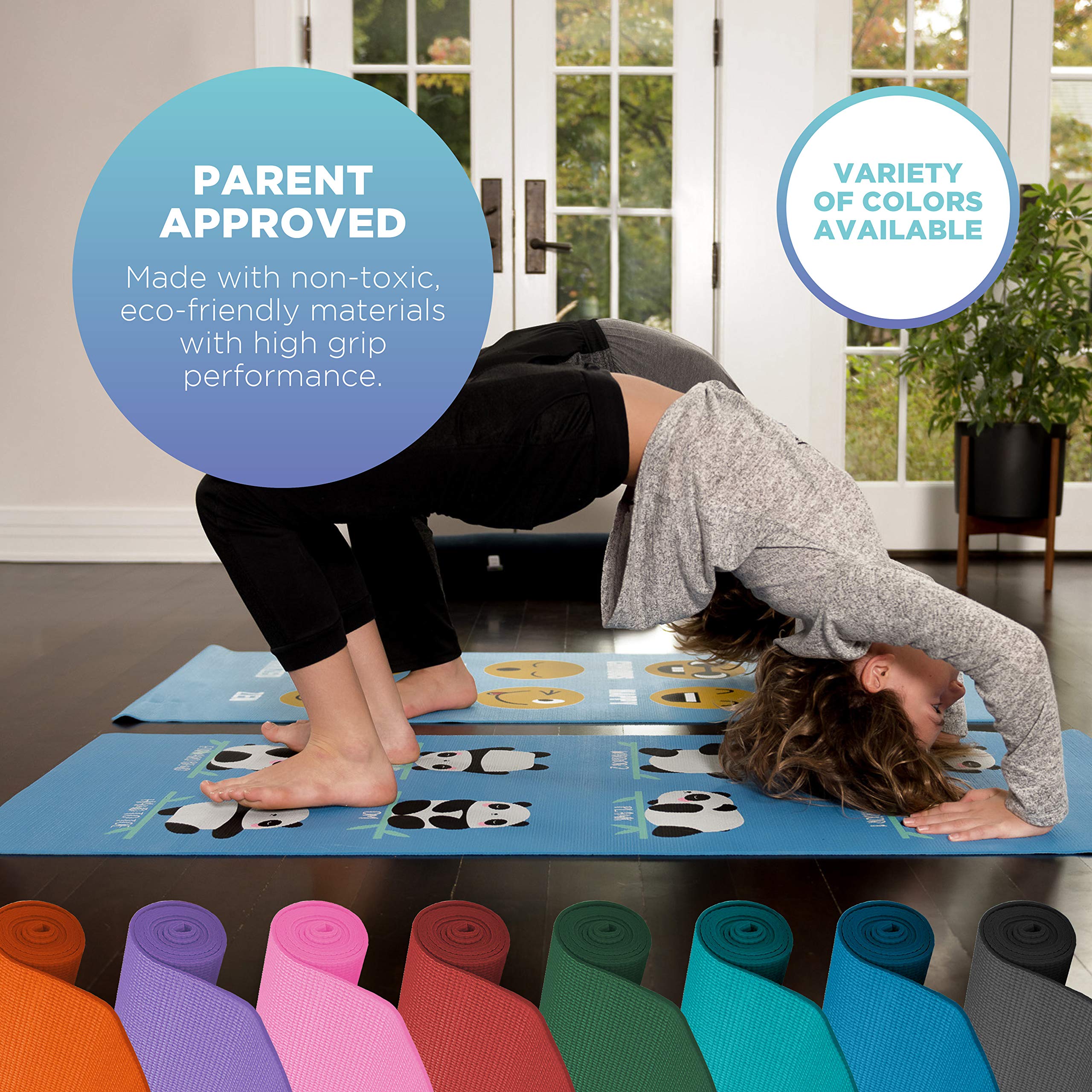 Bean Products Kids Size Sticky Yoga Mat | 3mm Thick (⅛”) x 60” L x 24” W | Non-Toxic, SGS Certified | Non-Skid & Non-Slip Eco-Friendly Exercise or Playtime Mat | Fun Colors & Designs | Emoji