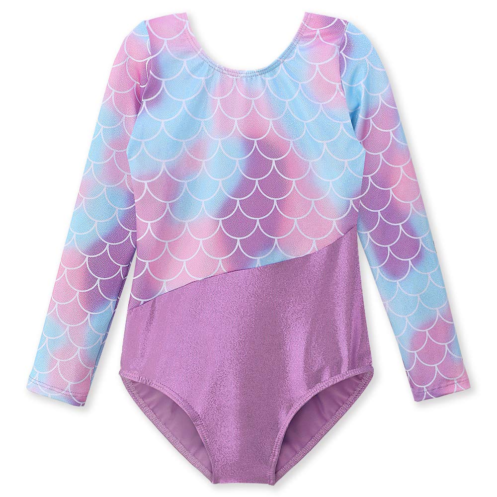 DAXIANG Leotard for Girls Gymnastics Toddler Dance Leotard Long Sleeves Kids Ballet Leotard Purple Mermaid 7-8Y