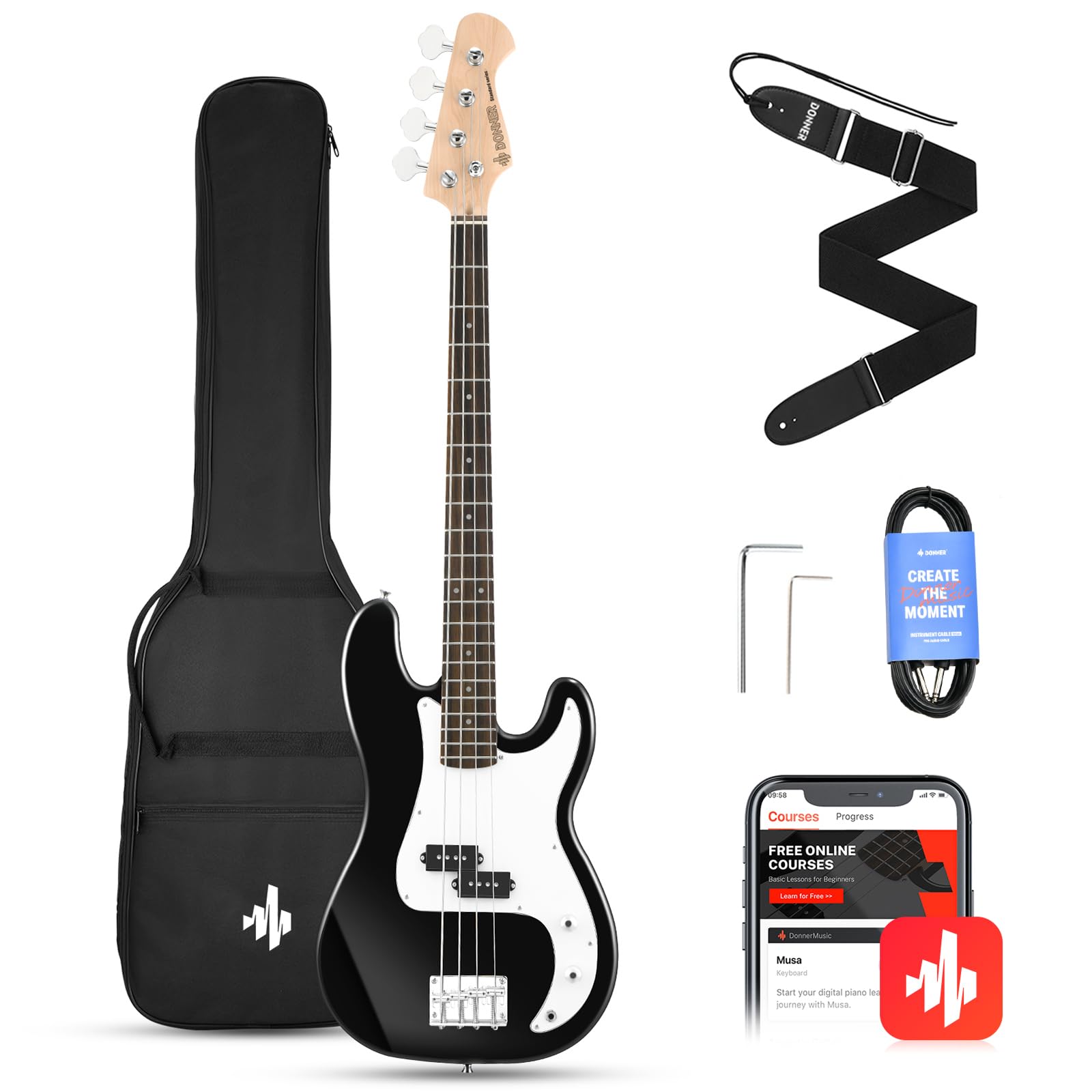 Donner Electric Bass Guitar 4 Strings Full-Size Standard Bass PB-Style Beginner Kit Black for Starter with Free Online Lesson Gig Bag Guitar Strap and Guitar Cable, DPB-510D