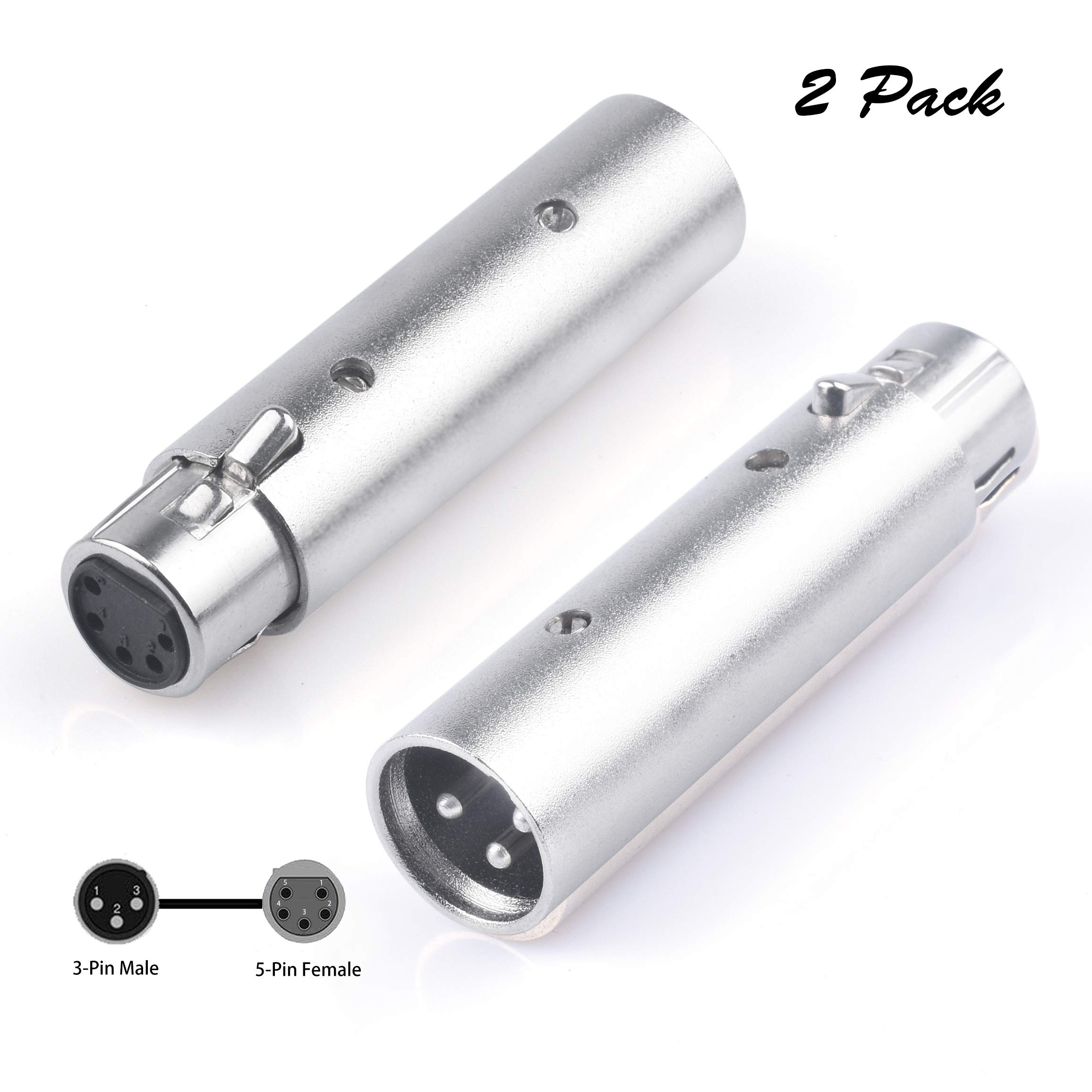 Devinal XLR 3Pin Male to 5Pin Female Adapter, DMX Stage Light Cable Convertor, 5Pin Female XLR to 3Pin Male XLR Audio Connector 2 Pack 2.5 inch