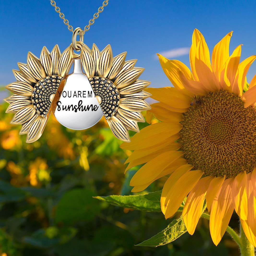 Sterling Silver Sunflower Locket Necklace You Are My Sunshine Engraved Pendant Necklaces Jewelry for Her (Gold)