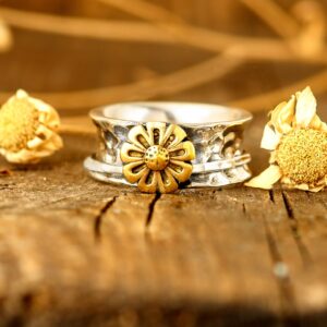 Boho-Magic Sunflower Ring, Spinner Rings for Women 925 Sterling Silver and Brass Sunflower | Nature Wide Band Fidget Meditation Anxiety jewelry