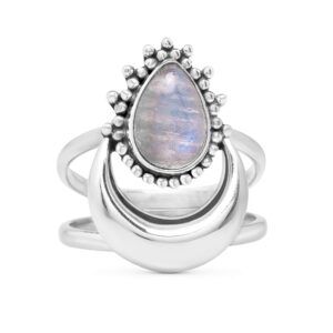 Koral Jewelry Pear Moonstone Ethnic Moon Ring 925 Sterling Silver Vintage Tribal Gipsy Boho Look (8)