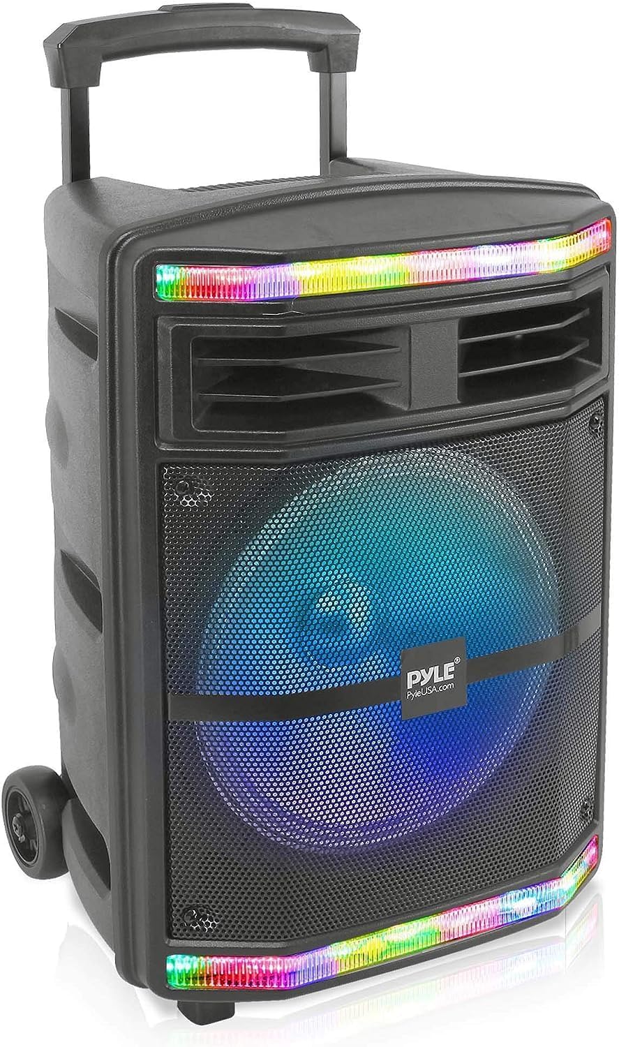 Pyle Portable Bluetooth PA Speaker System - 600W Bluetooth Speaker Portable PA System W/ Rechargeable Battery, Party Lights, MP3/USB SD Card Reader, Rolling Wheels - Pyle PPHP1044B