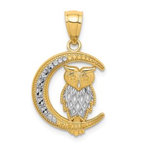 solid 14k yellow gold two toned diamond-cut owl on the moon pendant charm