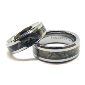 camouflage wedding ring set black on silver band (his-9 hers-5.5)