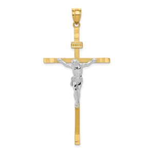 Solid 14k Yellow and White Gold Two Tone Cross Pendant Crucifix Charm - 55mm x 26mm