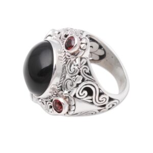 NOVICA Artisan handmade onyx garnet cocktail ring crafted bali sterling silver multi stone indonesia gemstone birthstone [Ring front 1.2 in L x 1.2 in W x 0.5 in H Band width 5 mm W] ' regal