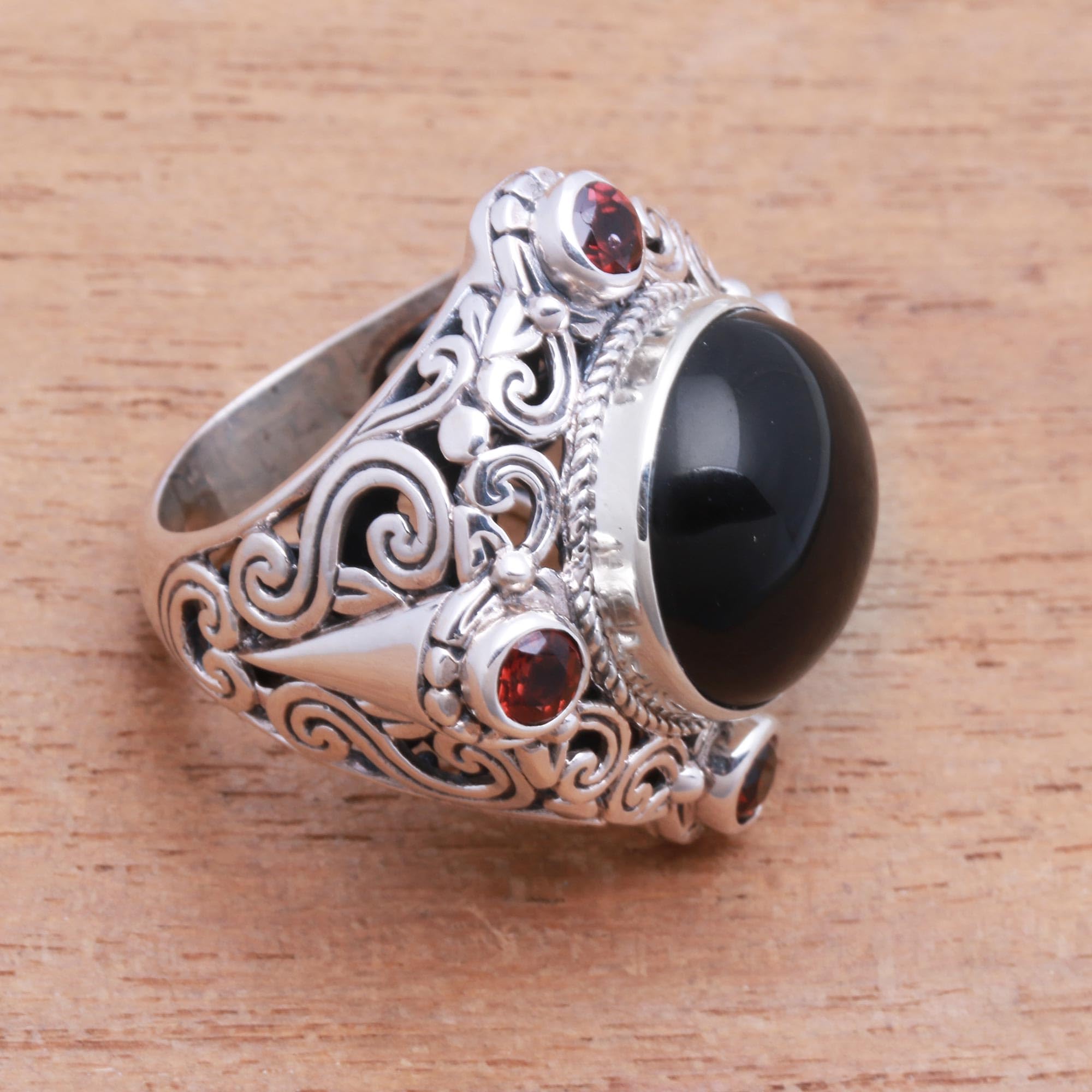 NOVICA Artisan handmade onyx garnet cocktail ring crafted bali sterling silver multi stone indonesia gemstone birthstone [Ring front 1.2 in L x 1.2 in W x 0.5 in H Band width 5 mm W] ' regal