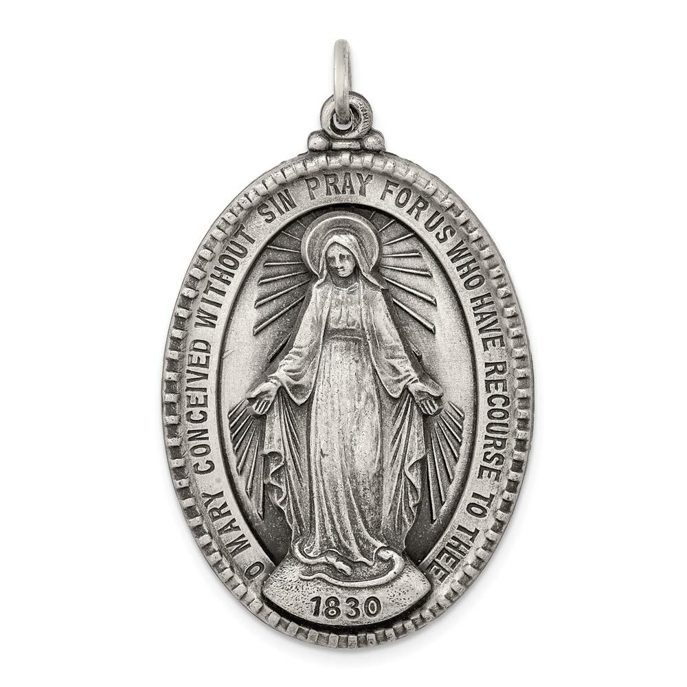 Solid 925 Sterling Silver Vintage Antiqued Virgin Mary Pray for Us Charm Miracle Medal Mary Pendant Charm Medal - 43mm x 26mm