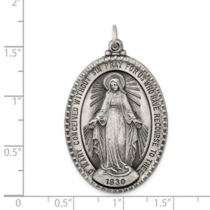 Solid 925 Sterling Silver Vintage Antiqued Virgin Mary Pray for Us Charm Miracle Medal Mary Pendant Charm Medal - 43mm x 26mm