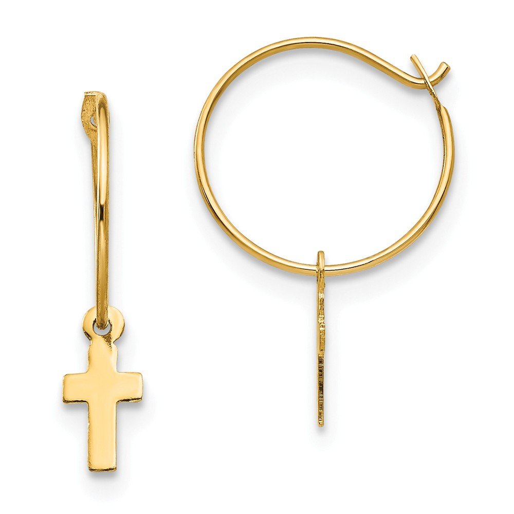 Solid 14k Yellow Gold Endless Hoop Small Cross Earrings 18mm