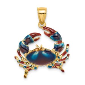 solid 14k yellow gold 2-d blue enamel stone crab charm pendant - 29mm x 24mm