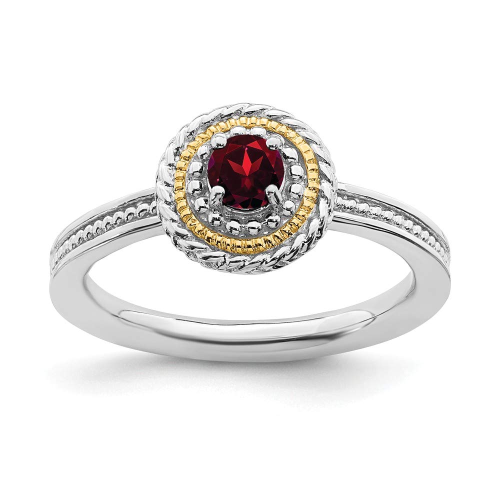 Solid 925 Sterling Silver and 14k Yellow Gold Stackable 925 Sterling Silver Garnet January Red Gemstone Ring Eternity Band Size 7