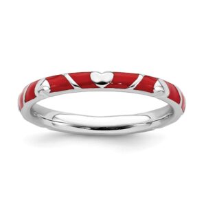 Solid 925 Sterling Silver Stackable Red Enamel Heart Ring Eternity Band Size 7