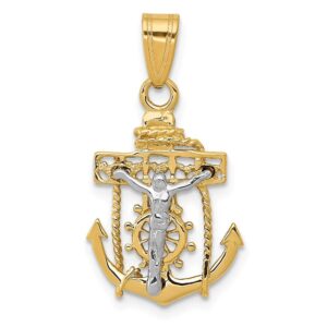 solid 14k yellow and white gold two tone anchor mariners cross pendant jesus crucifix charm small - 1" - 25mm x 15mm