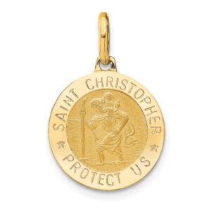 solid 14k yellow gold round catholic patron saint christopher brushed matte finish pendant charm - 23mm x 15mm