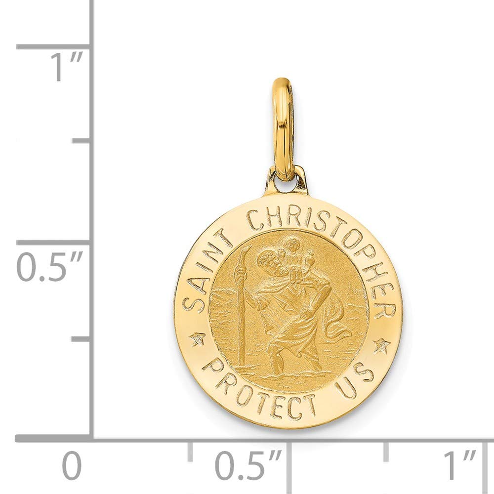 Solid 14k Yellow Gold Round Catholic Patron Saint Christopher Brushed Matte Finish Pendant Charm - 23mm x 15mm