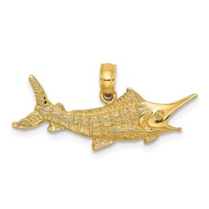 solid 14k yellow gold textured and 2-d marlin fish charm pendant - 10mm x 26mm