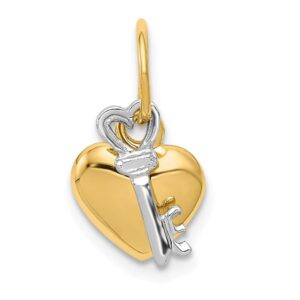 solid 14k yellow and white gold two tone key and heart lock charm pendant - 15mm x 9mm