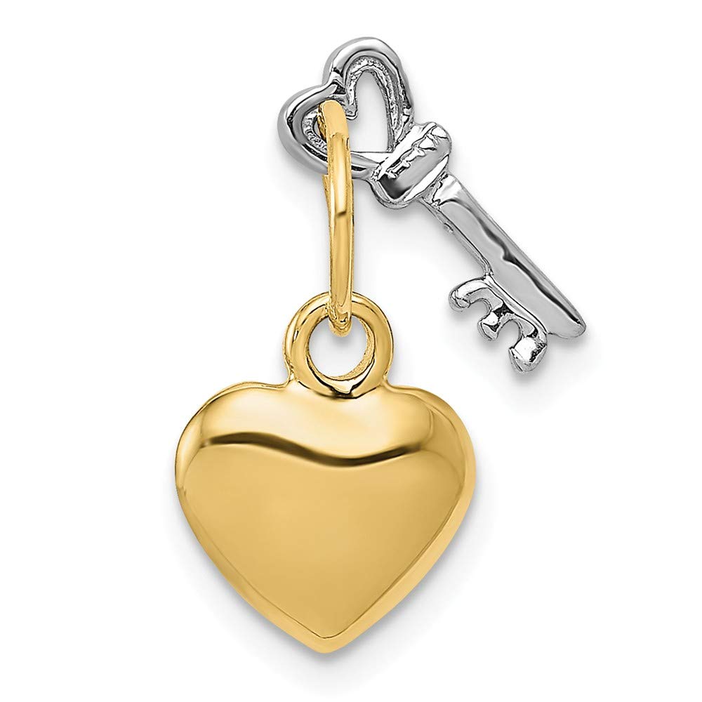 Solid 14k Yellow and White Gold Two Tone Key and Heart Lock Charm Pendant - 15mm x 9mm